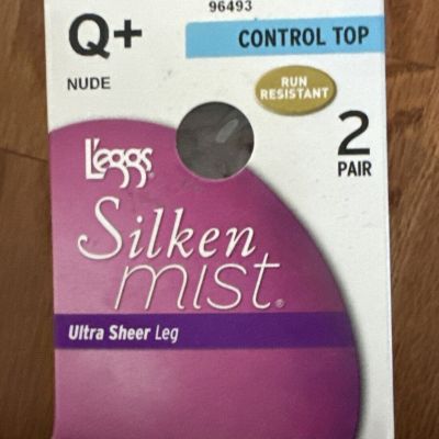 L'eggs Silken Mist Pantyhose Ultra Sheer Leg & Control Top NUDE 2 pair Size Q+